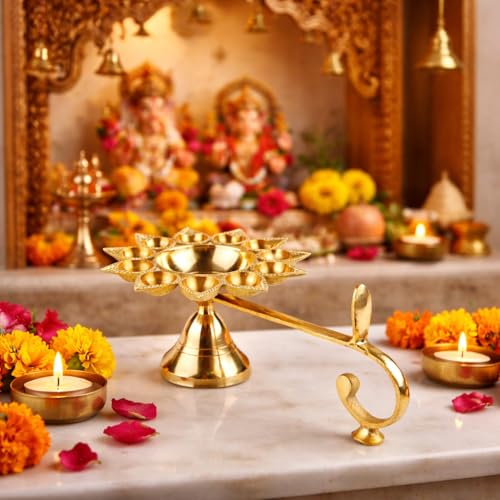 Image of Klassic 9 Inch Pure Brass Aarti Diya | 11 Small Batti & 1 Big Batti Pooja Lamp with Golden Finish | Ideal for Home Mandir, Temple Use, Daily Aarti, Festivals and Puja Rituals