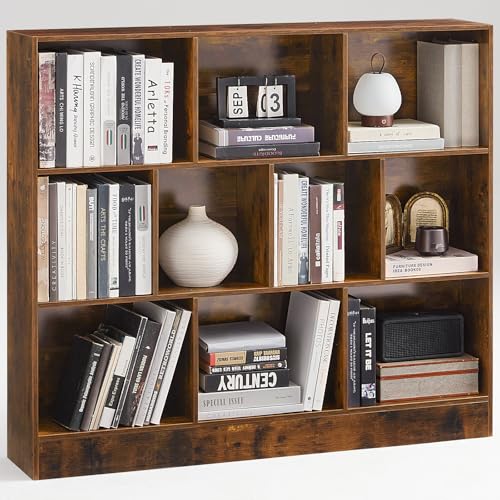 LEYAOYAO 8 Cube Bookshelf with Base,3 Tier Mid-Century Modern Brown Bookcase,Standing Wide Bookshelves Storage Organizer Shelf,Rustic Wood Display Cabinet Book Shelves for Bedroom,Living Roo