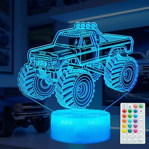Monster Truck Night Light Monster Truck Gifts 3D Illusion Lamp with 16 Colors Changing Remote Control with Timer Dimmer Kids Room Decoration for Holiday Birthday Christmas