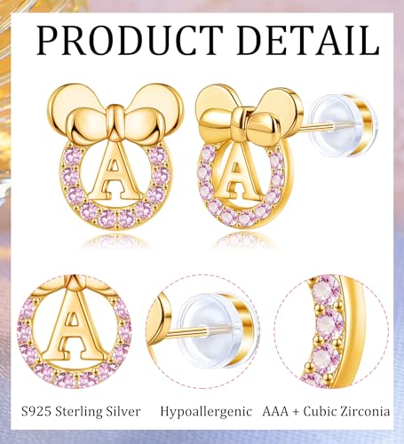 Staligue Initial Stud Earrings for Girls 925 Sterling Silver Pink Cubic Zirconia Alphabet Letter Earrings 14K Gold Plated Hypoallergenic Alphabet Initial Earrings2