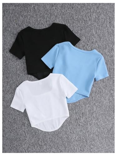 OYOANGLE Girl's 3 Pack Textured Short Sleeve T-Shirt Set Square Neck Asymmetrical Hem Summer Tee Shirts2