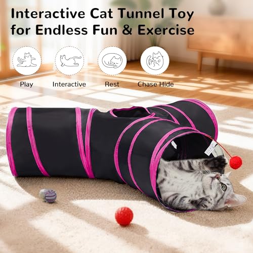 Image of Tempcore Cat Tunnel for Indoor Cats, 3 Way Collapsible Pet Play Tunnel with Teaser Wand, Peek Holes & Hanging Ball, Interactive Tube for Kittens & Rabbits, Black & Rose Red
