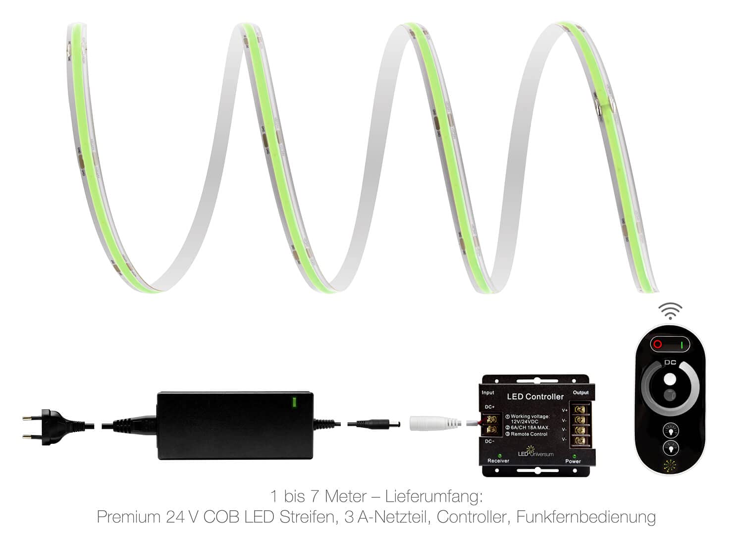 LED Universum Juego de tiras LED COB verde con mando a distancia, controlador y fuente de alimentación, filamento prémium, 24 V, IP65, monocolor (1 metro)