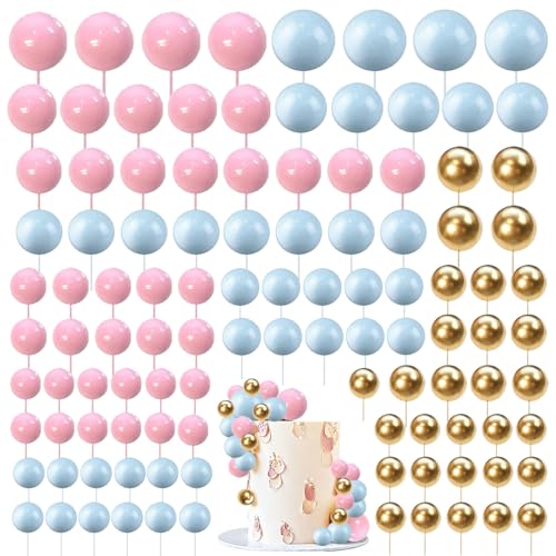 Lot de 108 boules de décoration de gâteau DIY Mini ballon Cupcake Décoration de gâteau pour mariage anniversaire (rose, bleu, doré)