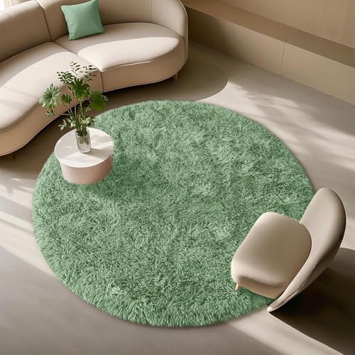 Green Fluffy Rugs for Living Room 4x4 ft - Round Ultra Soft Faux Fur Area Rug - Plush Non-Slip Shaggy Carpet for Bedroom, Kids Boys Girls Dorm Nursery Room