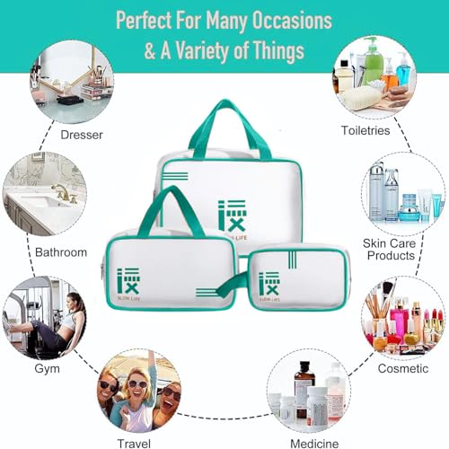 Image of KUKLAR 3 Piece Clear Toiletry Bag Set TSA Approved Cosmetic Makeup Bags with Handles Waterproof Travel Organizer Pouches for Carry-on Bag for Women & Men (Mint Green)