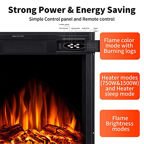 Image of R.W.FLAME Electric Fireplace Insert, Wall Fireplace Electric with Remote Control, Freestanding Realistic Log Recessed Electric Stove Heater, 7 Color Adjustable Flames, 2 Modes Heat (20''X18'')