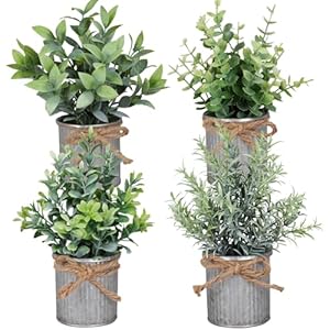 Small Artificial Plants Set of 4 Fake Potted Plant with Iron Pot Mini Greenery Decor for Indoor Home Porch Garden Bathroom Décor