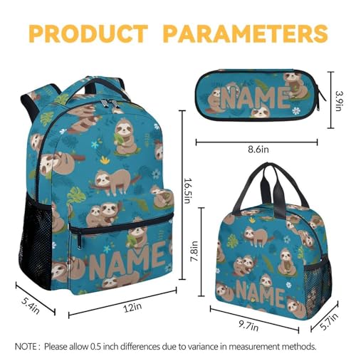 Personalized Sloth Backpack with Lunch Box - Set of 3 Custom School Backpacks Matching Combo - Cute Teal Blue Bookbag and Pencil Case Bundle4