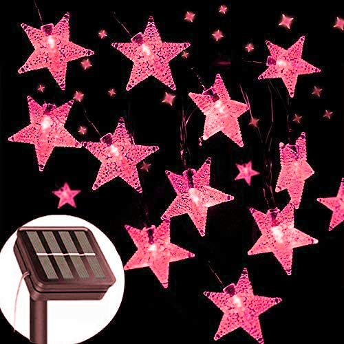 HULX Solar Star String Lights, 6M 30LED Star Garden Lights Star Fairy Lights Outdoor Solar Powered with 8 Mode Waterproof (Pink)