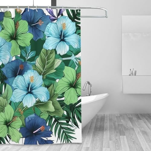 Rideau de douche imperméable motif hibiscus bleu vert 183x183cm - 7