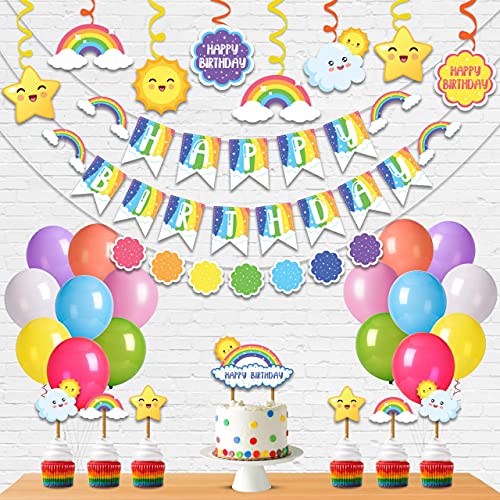 Festiko® Colorful Rainbow & Cloud Theme Birthday Party Decorations Combo for Boys/Girls/Kids Birthday Decorations Supplies(Banner,Swirls,Latex Balloons,Cake Toppers,Cup Cake Topper,)