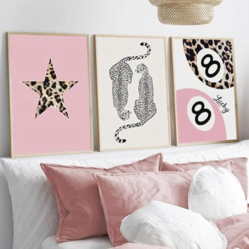 3 Affiche Decoration Murale Léopard Boule de Billard 8 Étoile Rose Tableau Chambre Ado Fille Moderne Leopard Poster Mural Pop Art Impression sur Toile Deco...