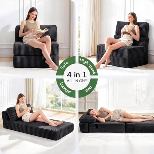 Image of Folding Sofa Bed Convertible 4 in 1 Sleeper Chair Black Twin