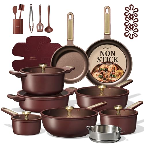 Image of CAROTE Pots and Pans Set Nonstick, 31pcs Cookware Set Nonstick Non-Toxic, Induction Cookware Kitchen Set Cooking Pots with Lids,Wine Red