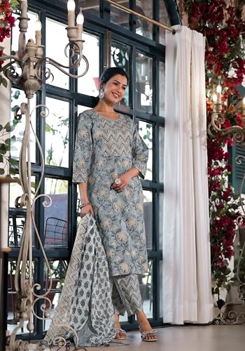 Image of MIRCHI FASHION Pure Cotton Women Straight Jaipuri Floral Print Kurti Set with Dupatta and Pant