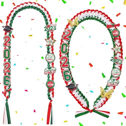 Suncalla 2 Pcs Graduation Leis Class of 2026 Mexican Money Ribbon Leis Graduation Necklace with Glittery Pins Red White Green Braided Ribbon Necklace for Grad Gift High School University Ceremony DIY