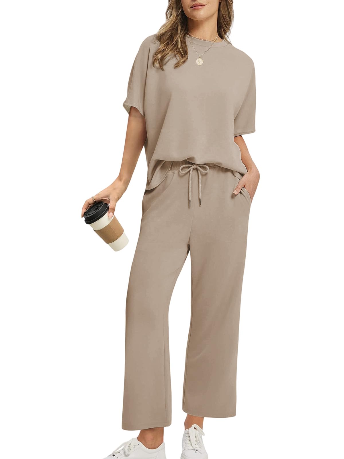 Rayson Survetement Femme D'été Casual Crew Neck Tops Ensemble Deux Pièces Femme Chic et Elegant avec Poches
