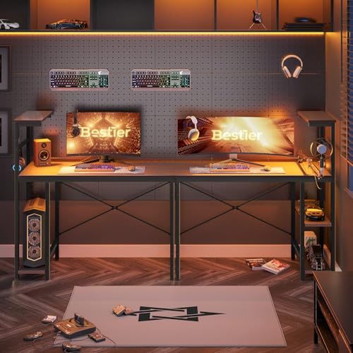 Image of Bestier Gaming Desk with LED Lights, 44 Inch PC Gamer Desk for Small Spaces, Computer Desk with Reversible Storage Shelves & Side Storage Bag (Black Grained)