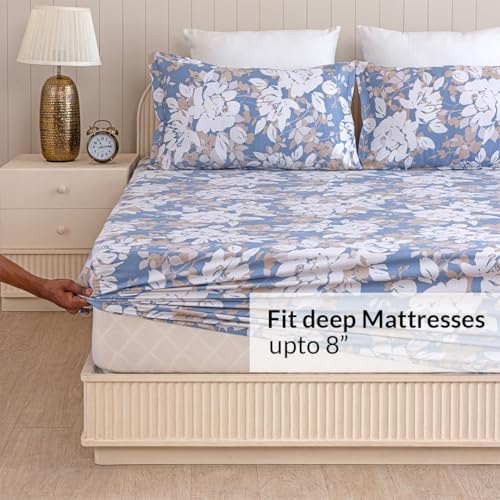 Image of HOMEMONDE 210 TC Cotton Fitted Bedsheet for King Size Bed 84 x 78 Inch, Blossom Haze Design, 2 Matching Pillow Covers & Premium Gift Box Included