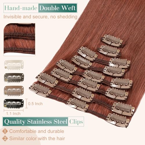 Image of Dark Auburn 14-24 inch Remy Human Hair for Women 8pcs 18 Clips Full Head Soft Straight Hair(16 inch=60g #33)
