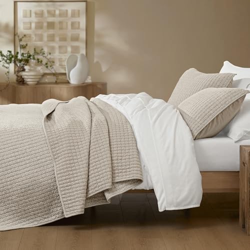Wonderful 100% Cotton Jersey Knit Quilt Set - Breathable & Hypoallergenic Lightweight Apricot Beige Quilt Queen, 3 Piece Rice Stitched All-Season Use Blanket Bedspread & Coverlet Bedding Set, 94"x94" by Wonderful - Used condition - US$78.20