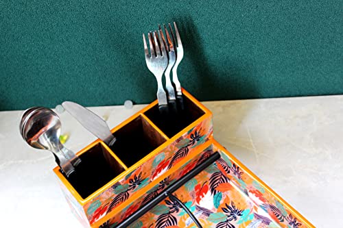Image of Monstera Hut Tangerine Twist 4 Compartment Modern MDF Wooden Cutlery Holder Spoon, Knife, Fork, Caddy Self Organizer Home Kitchen Dining Cum Cutlery Holder(10x7.5x4 Inches) | 25x19x10cm