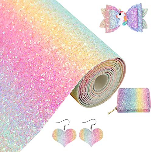Image of Pastel Rainbow Chunky Glitter Faux Leather Roll 12 x 52 inch Shiny Iridescent PU Fabric for DIY Fuse Beads Iron-On Crafts, Bows, Earrings (18001#2)