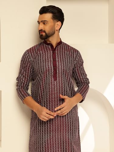Image of SOJANYA (Since 1958 Men's Silk Blend Contrast White Thread Detailing Kurta With White Pyjama