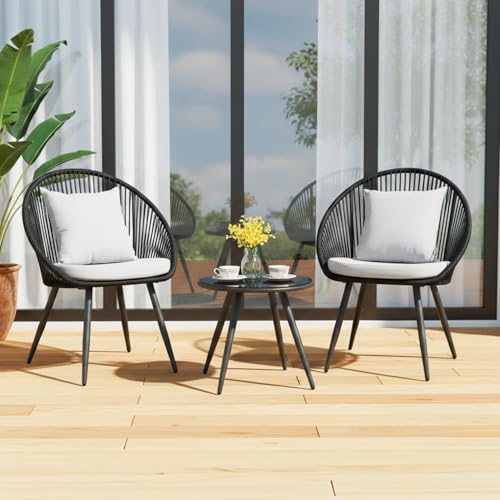 Image of DEVOKO 3 Piece Rope Patio Outdoor All Weather Furniture Conversation Bistro Set with Comfortable Cushions & Glass Top Table for Garden, Balcony, Lawn, Deck (Black & Off-White)
