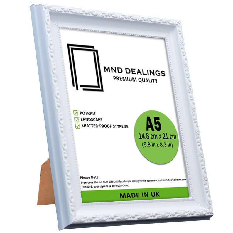MND Dealings Ornate Shabby Chic White A5 (14.80X21.00 CM) Picture/Photo/Poster Frame - Antique Vintage Style โ Styrene MDF Backboard | Gift Wall Art Gallery Decor (White)
