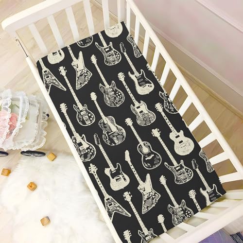 Image of Black Guitar Music Crib Sheets Soft Breathable Fitted Baby Crib Sheets Mattress Cover for Girl Boys, 52 inch x 28 inch x 9 inch