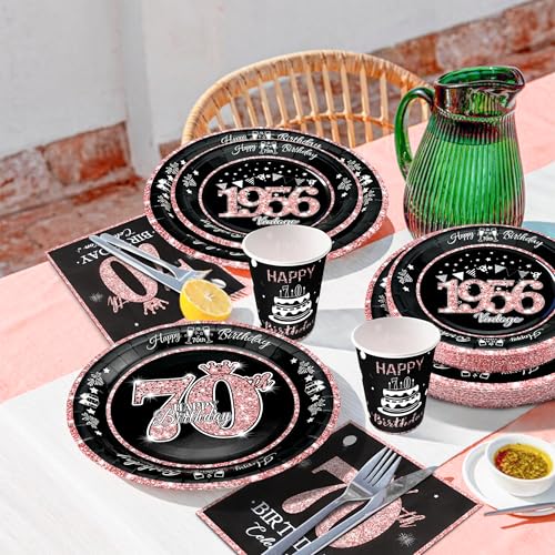Image of 70th Birthday Decorations Rose Gold, Service for 30, Vintage 70th Birthday Party Supplies Includes Rose Gold 1956 Plates, Napkins,Cups, Plates and Napkins for Women