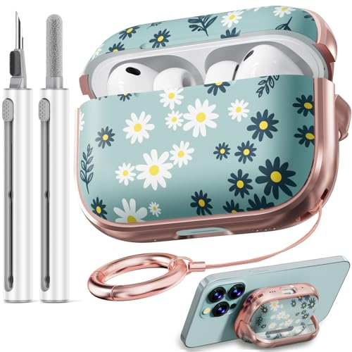 Image of Inesore for AirPods Pro 3 Case Cover 2025 with Lock-Green Daisy | Two-Piece Design,with Gold Keychain & Clean Pen, As Phone Stand,Support Wireless Charging,Cute Luxury Case for Women Girly