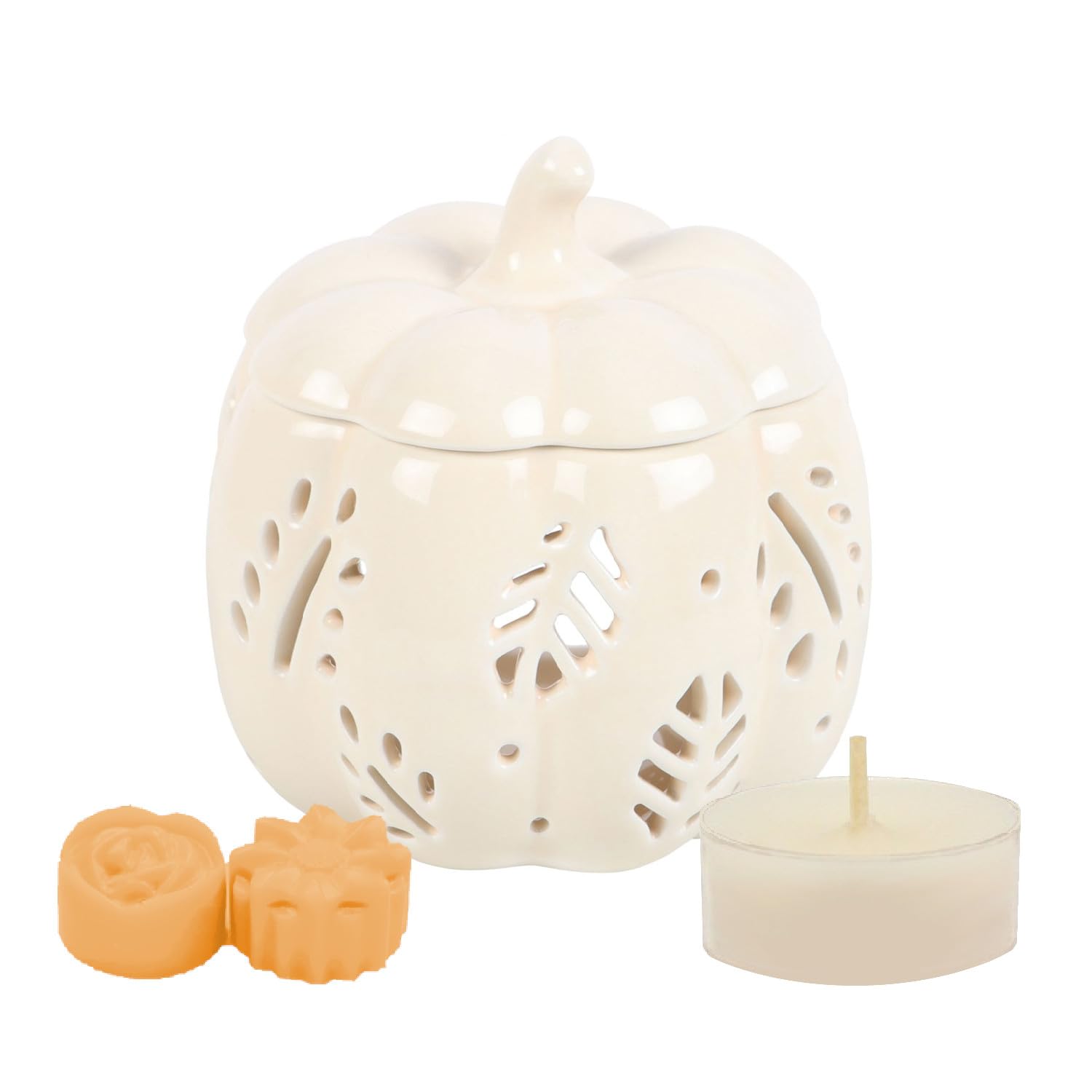 Off White Autumn Leaves Pumpkin Ceramic Oil Burner