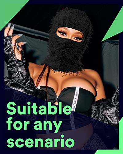 Camiaya Distressed Balaclava Ski Mask Full Face Knitted Balaclava Shiesty Mask Windproof Fuzzy Ski Mask For Winter Black #TOP2
