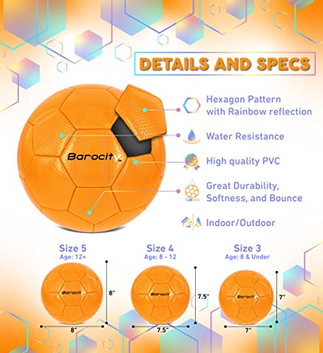 Image of Soccer Ball - Boys and Girls Official Match Ball with Cool Reflective Rainbow Hex Pattern, for Indoor, Outdoor, Playtime and Games - Iridescent Orange Size 4