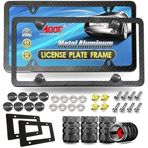 Aootf Carbon Fiber License Plate Frame- Heavy Duty Black Aluminum Car Tag Cover, Slim Front & Rear Holders Mount Hardware Kit- Screws Bolts, Nut, Tire Valve Caps, Rattle Proof Pad Cover