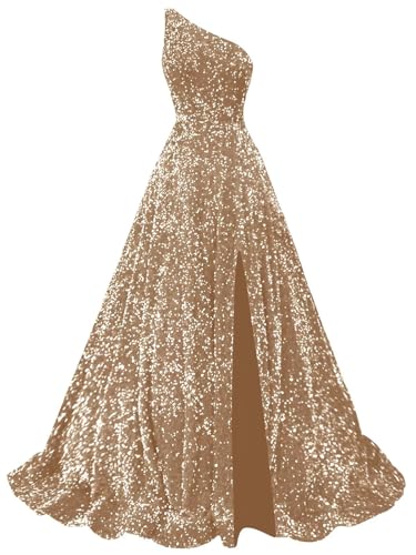 Fu Jiang Sparkly Sequin Prom Dresses for Women 2025 Long Split One Shoulder Formal Evening Ball Gown with Pockets