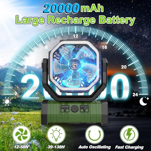 20000mAh-Rechargeable-Portable-Camping-Fan-USB-Battery-Operated-Powered-Shaking-Head-Fan-with-LED-Lantern-4-Speed-4-Timing-Outdoor-Tent-Fan-for-Camping-with-Remote-Hook-for-FishingTravel-Jobsite