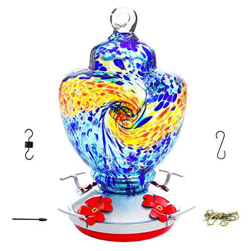 Upgraded Hummingbird Feeder for Ourdoor, Bird Feeders with Color Hand Blown Glass,Thick Bird Feeder Best,Leakproof 32 Ounces Nectar Capacity Hummingbird Feeders Easy to Clean and Filling