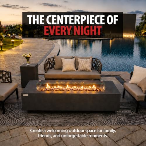 Image of AMS Creations | Savanah 72 inch Bundle Rectangular Cast Concrete Natural Gas Fire Pit Table | Dark Gray | Travertine Texture Surface | Electronic Ignition | Outdoor Patio Heater Outside Backyard Fireplace