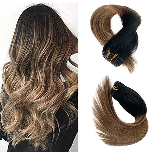 Sew in Hair Extensions Straight Real Human Hair Blonde Balayage Ombre Hair Bundles 20 Inch 100grams Full Head Highlights Remy Hair Extensions for Women
