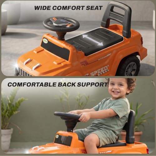 Image of Baybee Speedy Baby Ride on Car for Kids | Push Toy Cars with High Backrest | Portable Kids Car with LED Lights, Music & Storage Basket | Toddler Rideons Jeep for 1 to 3 Years Boys Girls (Orange)