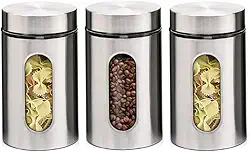 Jogo de 3 Potes de Inox 1,0L com Tampa Hermética e Visor de Vidro - Ideal para Armazenar Alimentos Secos, Grãos e Mantimentos - Super Resistente