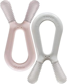 Baby Molar Teether | ZoLi Bunny Baby Teething Toy, Gum Massaging Molar Gums Relief, Easy to Hold and chew, BPA, Phthalate, and Toxin Free teether, Blush Pink + ash Grey (Pack of 2)