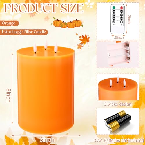 Image of Retisee 1 Pack Extra Large Flameless Candles 6 inch X 8 inch,Classic,Orange | LED Battery Operated, 3 Wicks Flickering Pillar Candle, Fall Thanksgiving Party Decoration