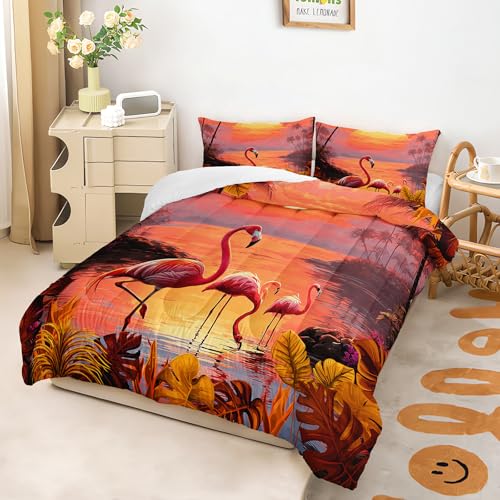 Image of AILONEN Pink Flamingos Comforter Set for Kids Girls Women Bedroom Decor Full Size,3-Piece Beach Sunset Bedding Sets,Hawaiian Style Duvet Set,1 Quilt + 2 Pillowcase,Soft Microfiber