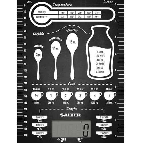 Salter 1171 CNDR Premium Kitchen Scale - Conversion Table Print, 5 Kg Maximum Capacity, Ultra Slim Glass Platform, Add & Weigh/Tare Function for Food and Liquids, Includes Measuring Guides & Diagrams