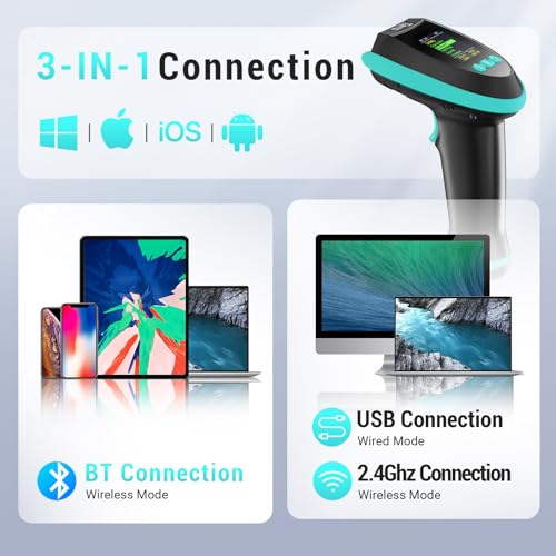 Image of Tera Barcode Scanner Wireless 2D with Stand: Pro Version Digital Setting Screen Keypad Works with Bluetooth 2.4G Wireless USB Wired Extra Fast Scanning Speed Handheld Bar Code Reader HW0009-Z Blue